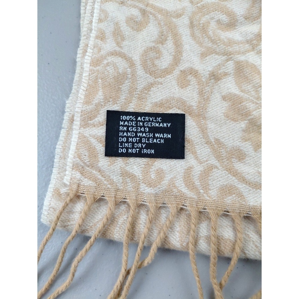 German Winter Scarf Cozy Beige Fringe Flue Scroll Floral 10X68" Soft Acrylic - Picture 4 of 4
